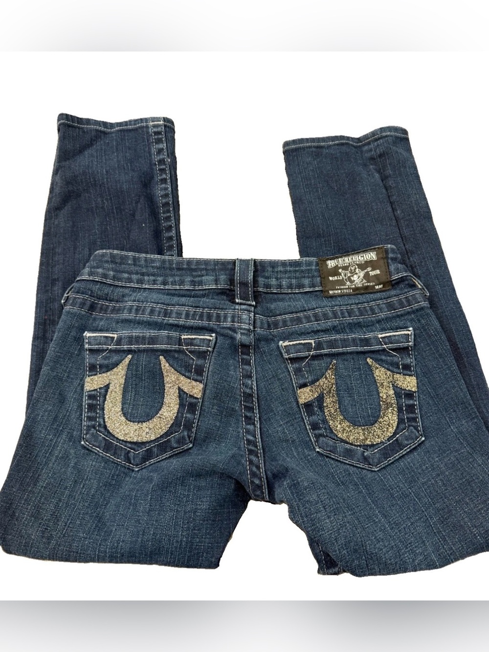 Vintage True Religion Women's Dark Blue Skinny Jeans with Gold Glitter Horseshoe